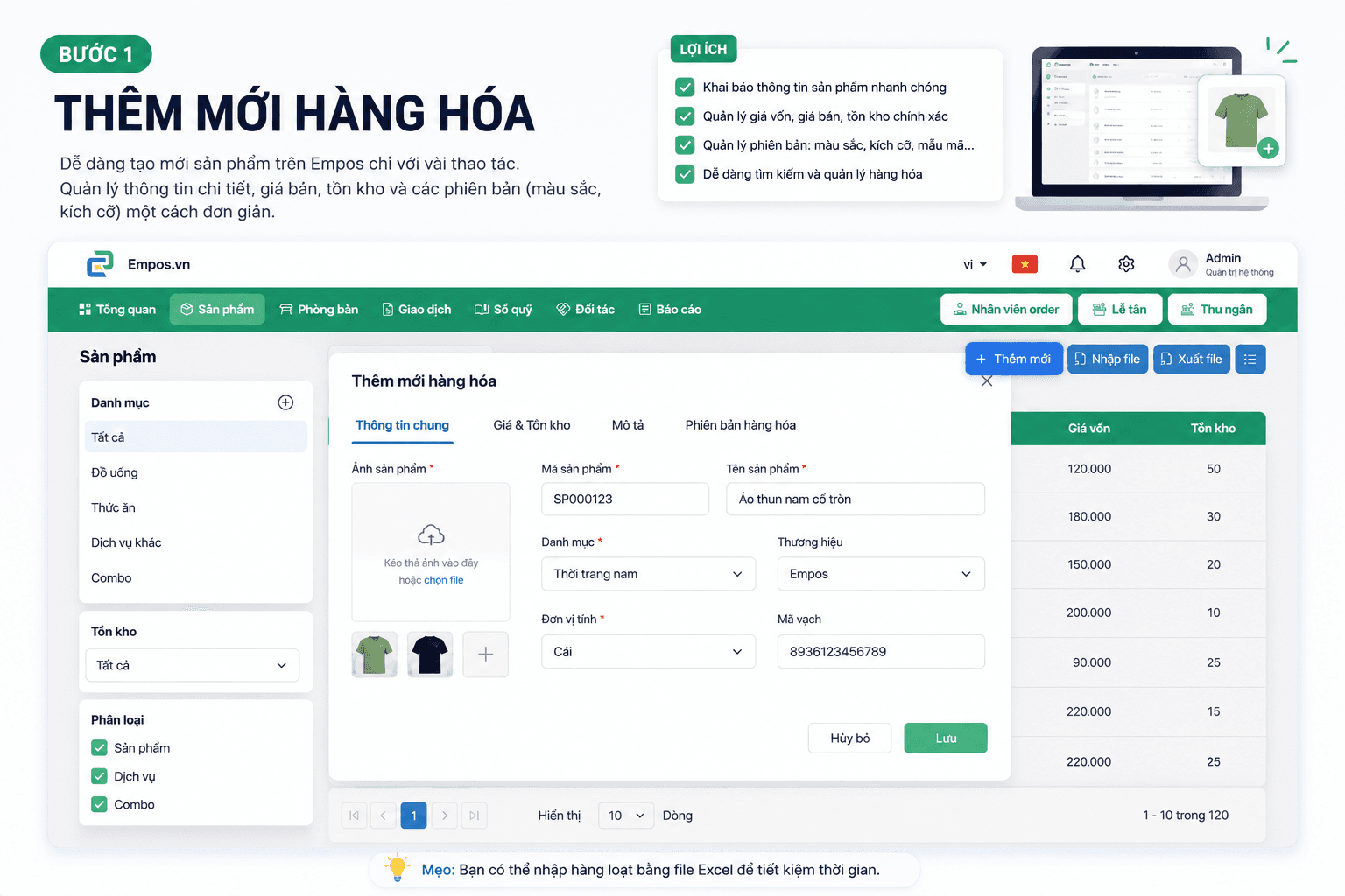 Bước 1 – Thêm mới hàng hóa